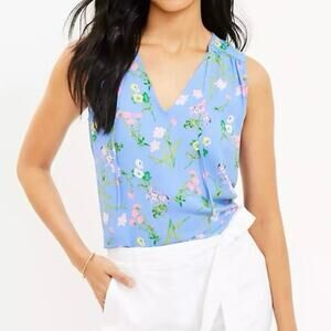 Loft NWT Blue Garden Tie Neck Floral Mixed Media Shell Small